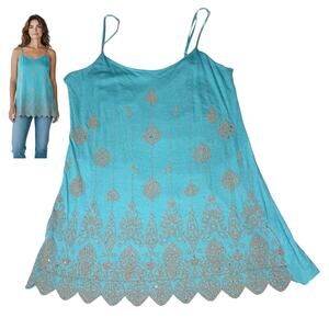 Gadzooks Tank Top Beaded Turquoise Blue Womens XS 0-2 Shirt Adjustable Strap Vtg